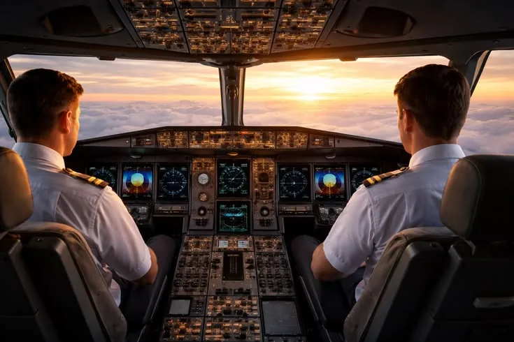 Two pilots in the flight deck at sunrise above a cloud layer