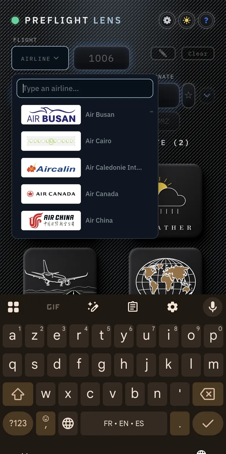 Airline picker with logos: Air Busan, Air Cairo, Aircalin, Air Canada, Air China