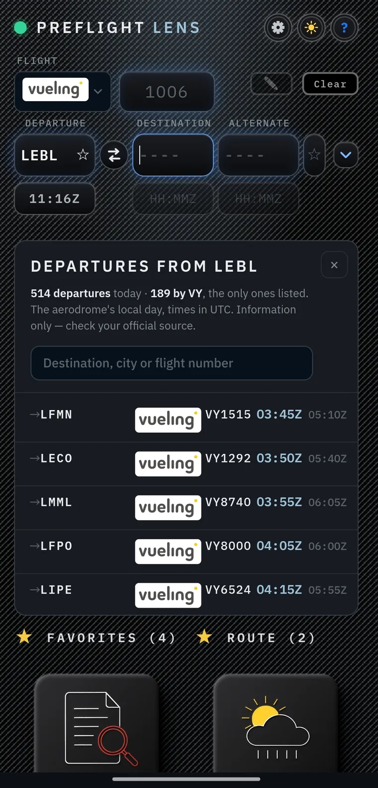 Departures from LEBL: 514 departures today, 189 by VY, listed with destination, flight number and times in UTC