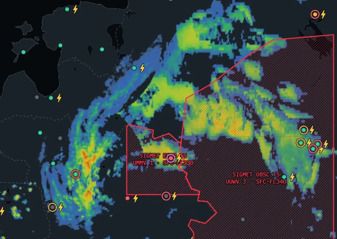 Radar layer over eastern Europe: precipitation echoes from blue to yellow and red, red hatched SIGMET TS areas for UMMV and UUWV, and CB bolts at the aerodromes