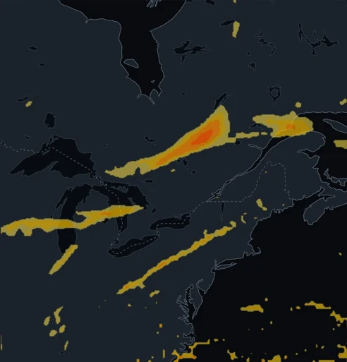 Turbulence layer over the Great Lakes and north-east America: bands of model turbulence from yellow to orange and red