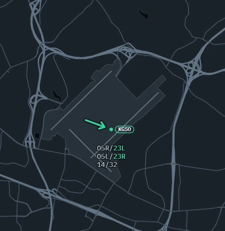 Close-up of KGSO: the wind arrow, and under the ICAO code the runways 05R/23L, 05L/23R and 14/32, with 23L and 23R in green as the runways in use