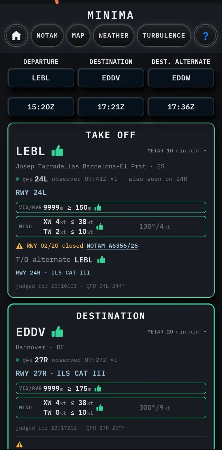 Minima screen, take-off LEBL: runway 24L, visibility 9999 m against 150 m, crosswind 4 kt against 38 kt, tailwind 2 kt against 10 kt, all green; warning RWY 02/20 closed NOTAM A6356/26; take-off alternate LEBL runway 24R ILS CAT III