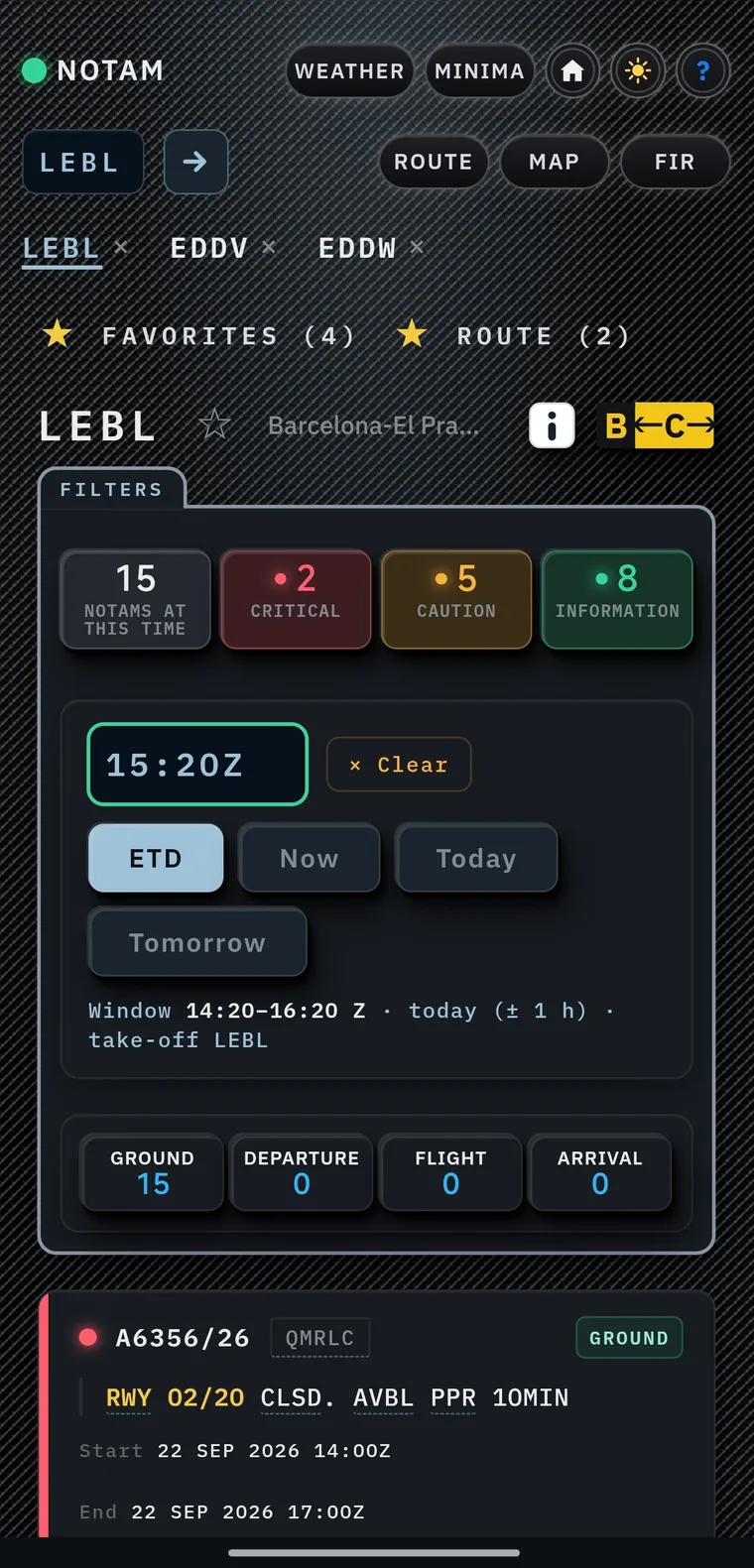 NOTAM screen for LEBL: 15 NOTAMs at this time, 2 critical, 5 caution, 8 information; time filter set to ETD 15:20Z with a window of 14:20 to 16:20Z; first NOTAM A6356/26 RWY 02/20 CLSD AVBL PPR 10MIN