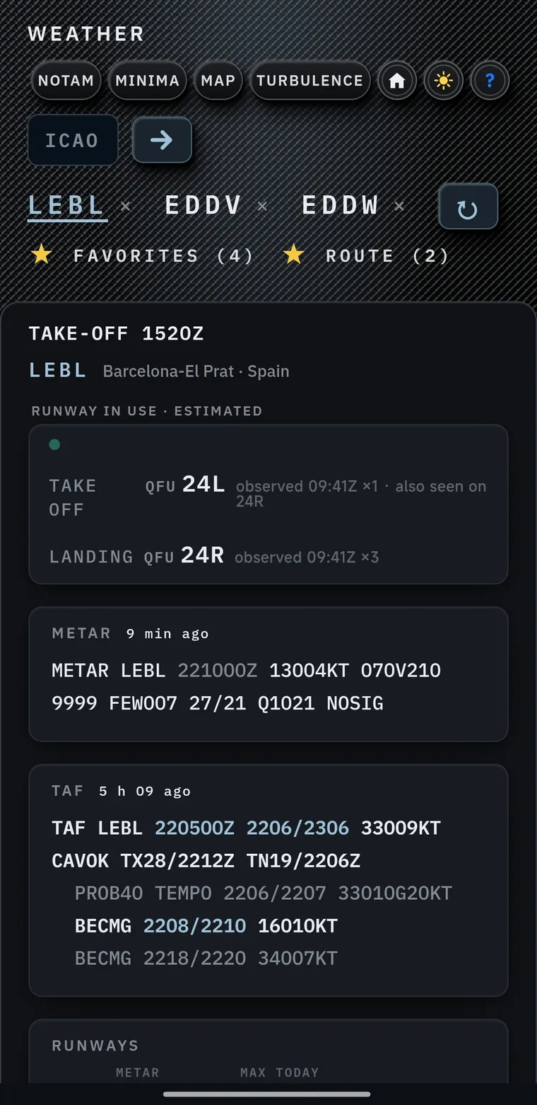 Weather screen for LEBL take-off 1520Z: runway in use estimated 24L for take-off and 24R for landing, METAR 9 minutes old, TAF 5 hours old with CAVOK and BECMG groups